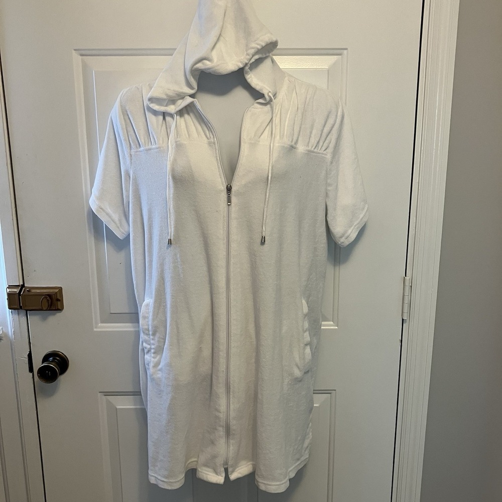 SWIM 365 Plus Sz‎ 18/20 White Terry Cloth Hooded Zip Beach Swim Cover Up Pockets
